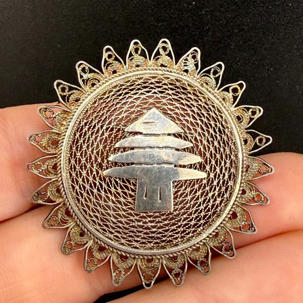 Vintage Spun Silver Cedar of Lebanon Brooch Silver Tone Round Pin